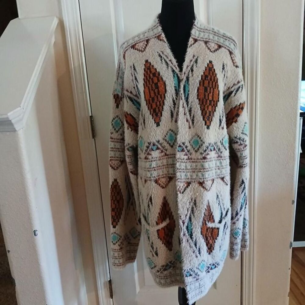 Rock & Roll Denim Aztec Western Tribal Print Fuzzy Cardigan XL Boho